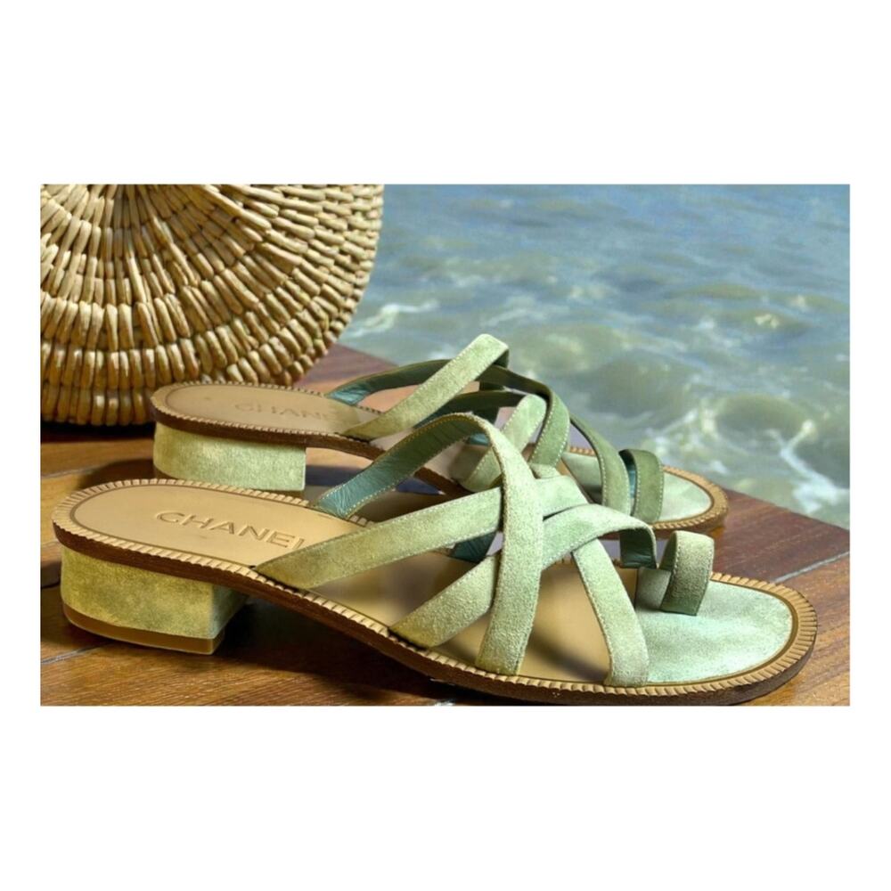 Chanel 18C Paris Greece CC Suede Slide Mule Sandals Seafoam 38.5 Rare - Picture 9 of 9